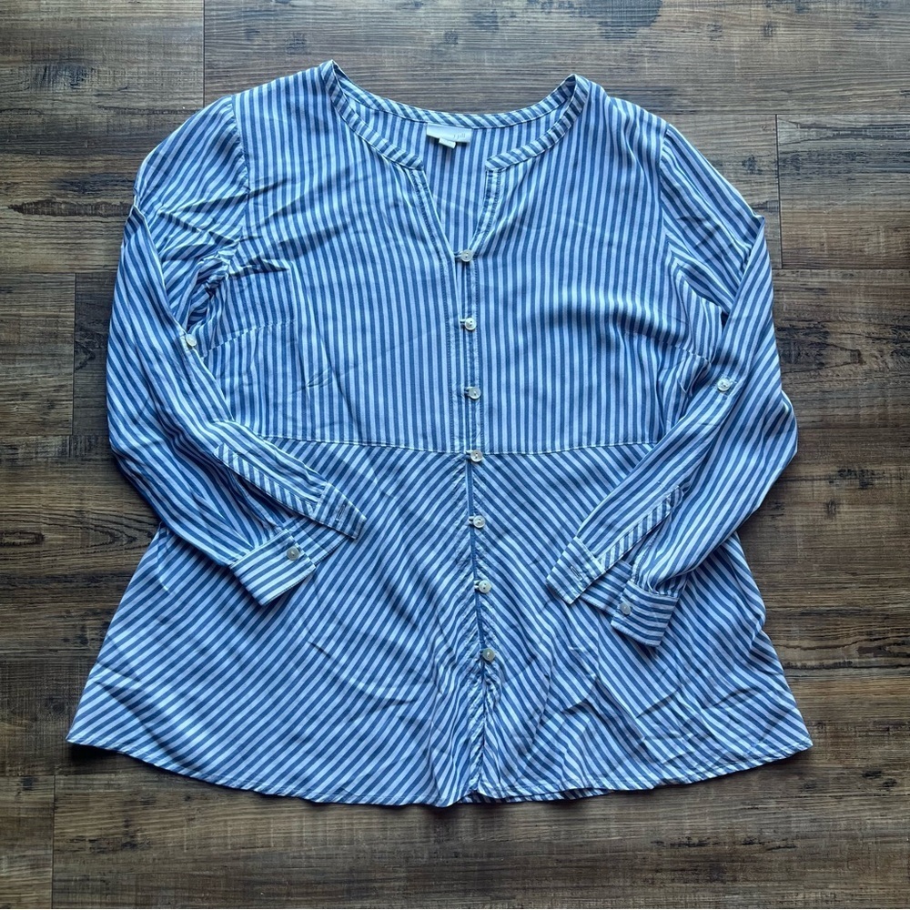 J. Jill Blue White Striped Button-Down Long Sleeve Blouse Size Medium Petite
